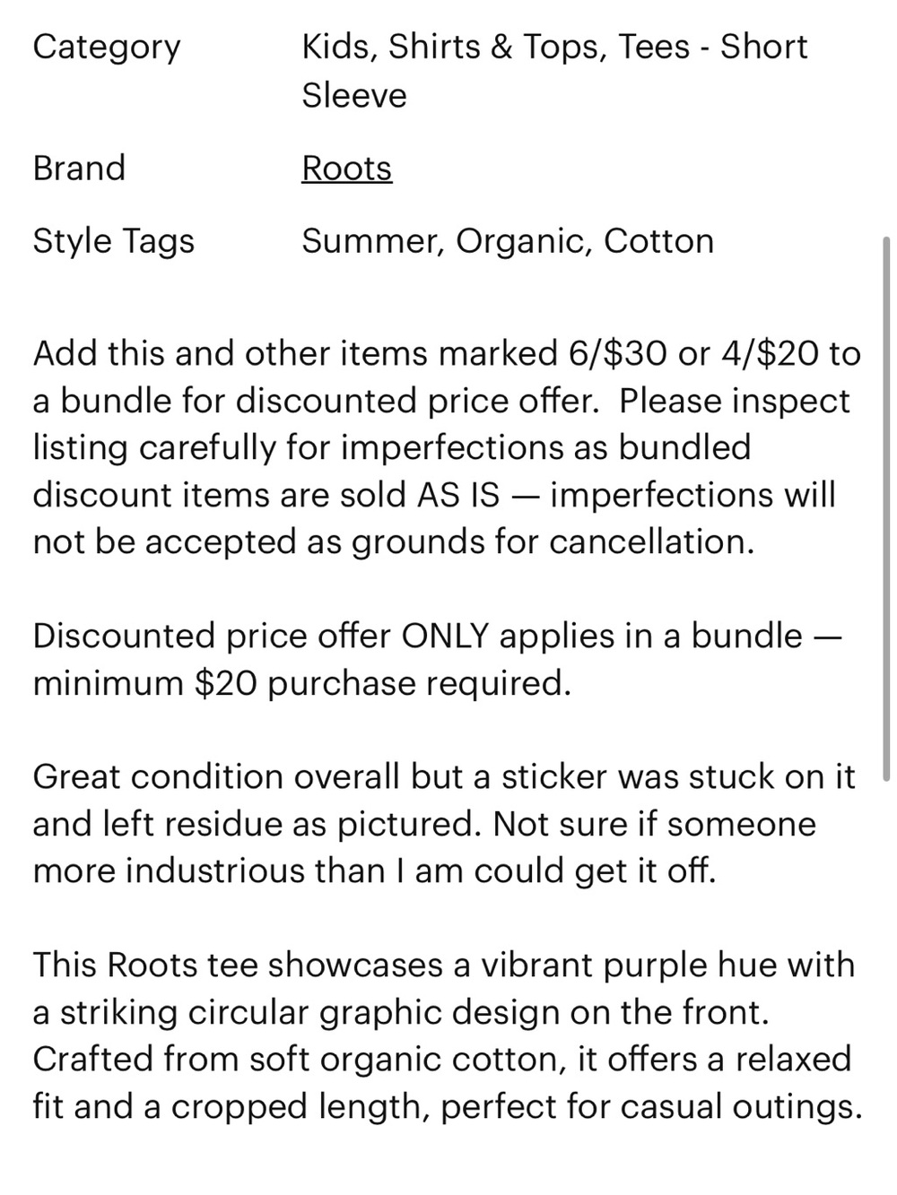 🩵4/$20 — Roots Kids' Organic Cotton Lavender Graphic Crop T-Shirt 5T - Picture 9 of 10